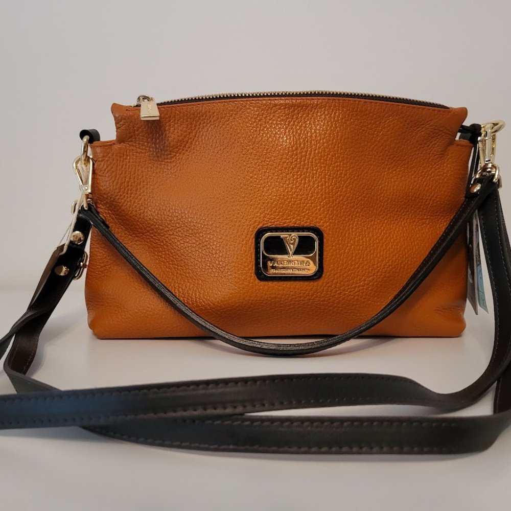 VALENTINA CROSSBODY BAG CLUTCH Pebble Burnt Orange & Brown Gently Worn. 11" leng